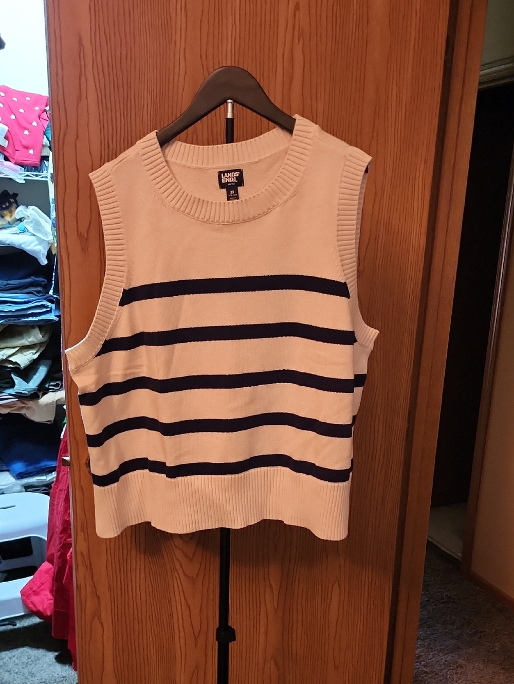 Lands' End Cream and Navy Striped Sleeveless Knit Tank